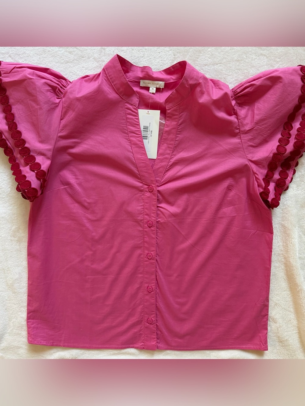 Flying Tomato Fuchsia and Red Button-Front Top with Ruffled Sleeves NWT